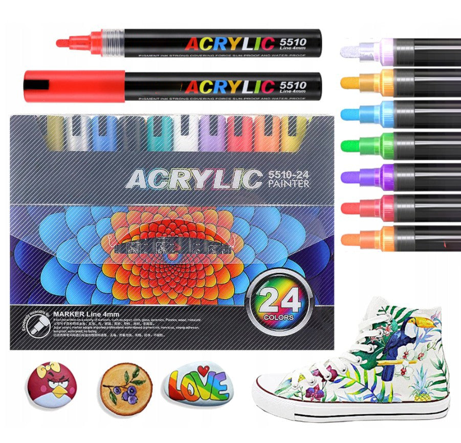 Set 24 de markere cu vopsea acrilica, Zola, varf 0.4 mm, rezistente la apa, pentru pictura pe hartie, panza, piatra, sticla, lemn, textile si ceramica, uscare rapida, multicolore Set 24 de markere cu vopsea acrilica, Zola, varf 0.4 mm, rezistente la apa, pentru pictura pe hartie, panza, piatra, sticla, lemn, textile si ceramica, uscare rapida, multicolore
